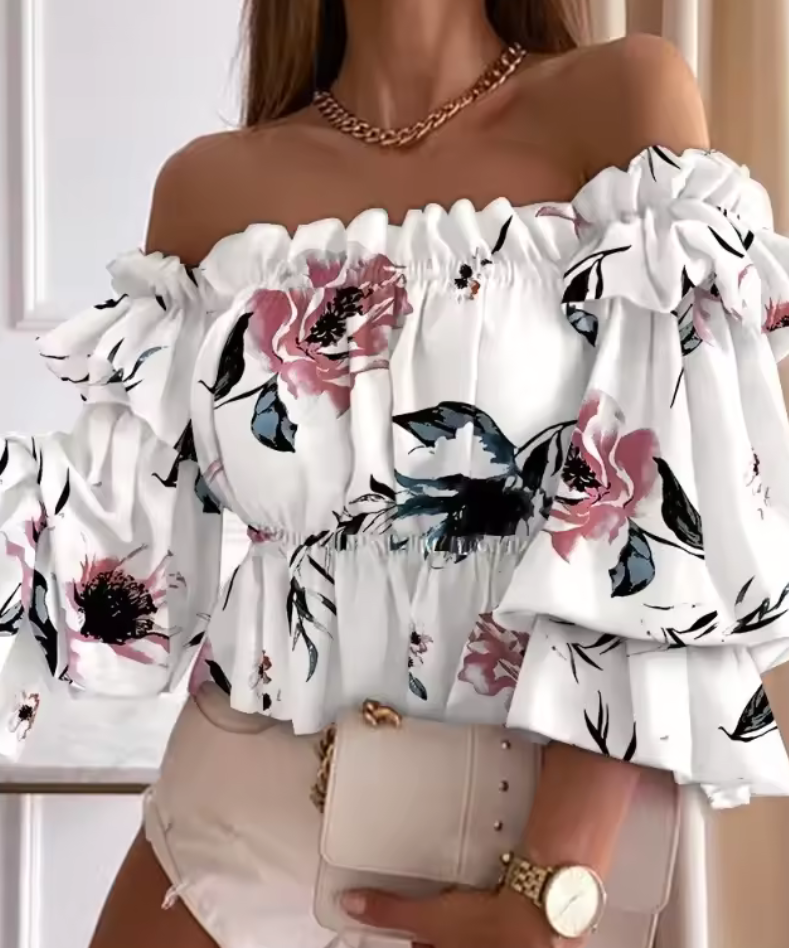 Bella Breeze – Off-Shoulder Volangblus med Resårmidja