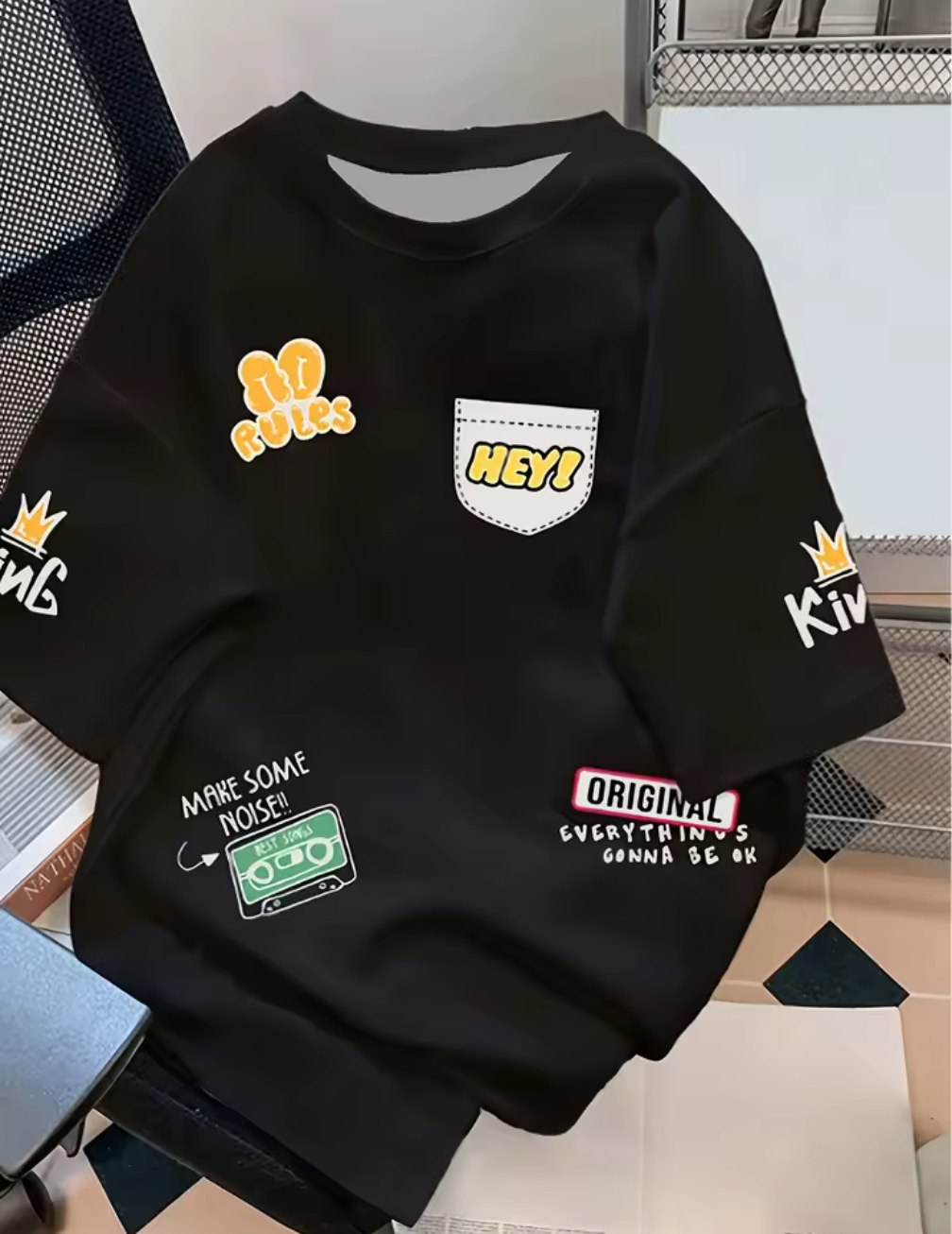 Färgglad statement-T-shirt med tryck – Gul, Röd, Vit & Svart