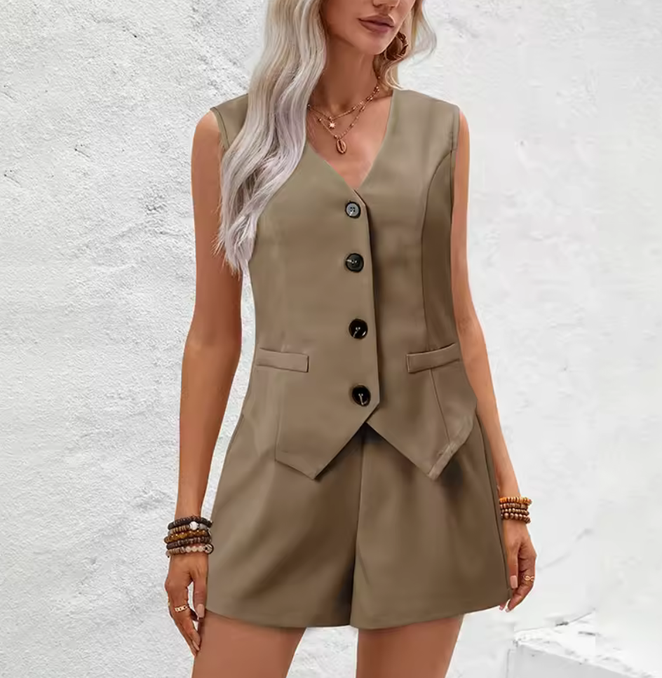 Ärmlöst shortsset med asymmetrisk väst – Elegant sommarkostym i flera färger