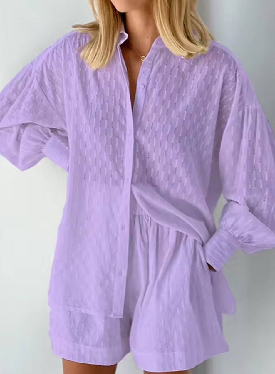 Somrigt skjortset med diskret strukturmönster – Vit, Svart, Lila, Rosa, Beige