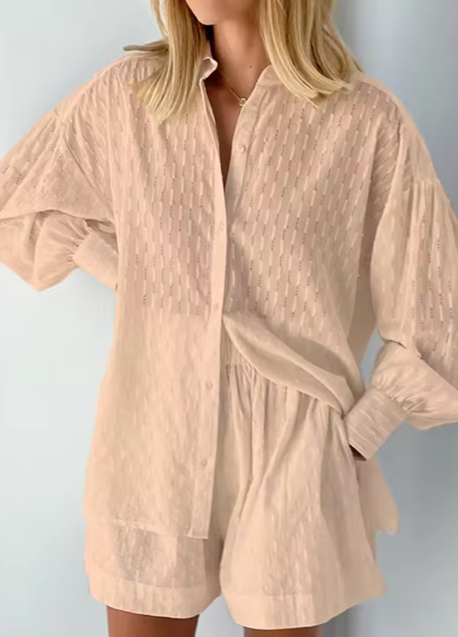 Somrigt skjortset med diskret strukturmönster – Vit, Svart, Lila, Rosa, Beige