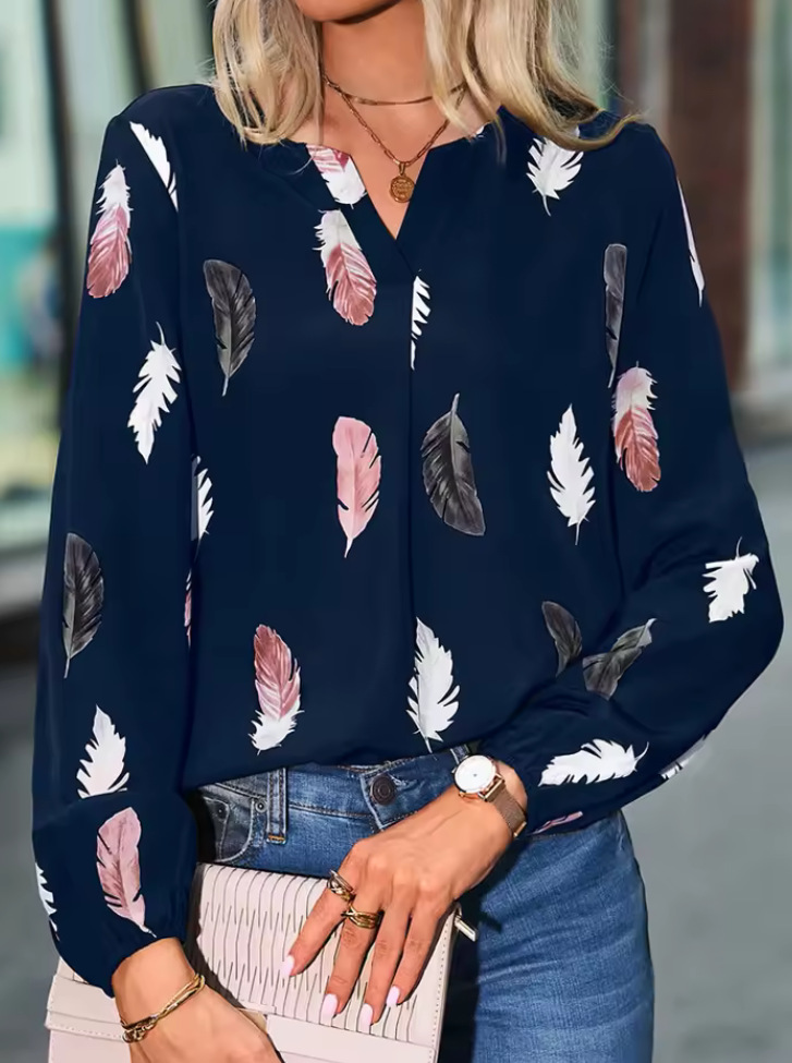 Vera – Fjädermönstrad Långärmad Blus