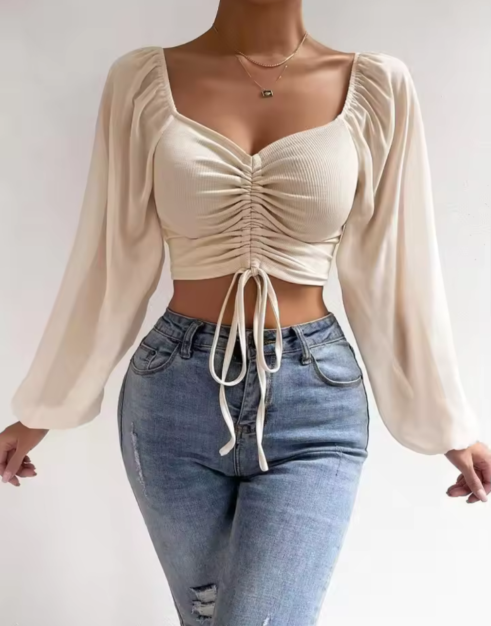 Chiffonärmad Croppad Snörtop – Elegant V-ringad Blus med Rynk & Puffärm