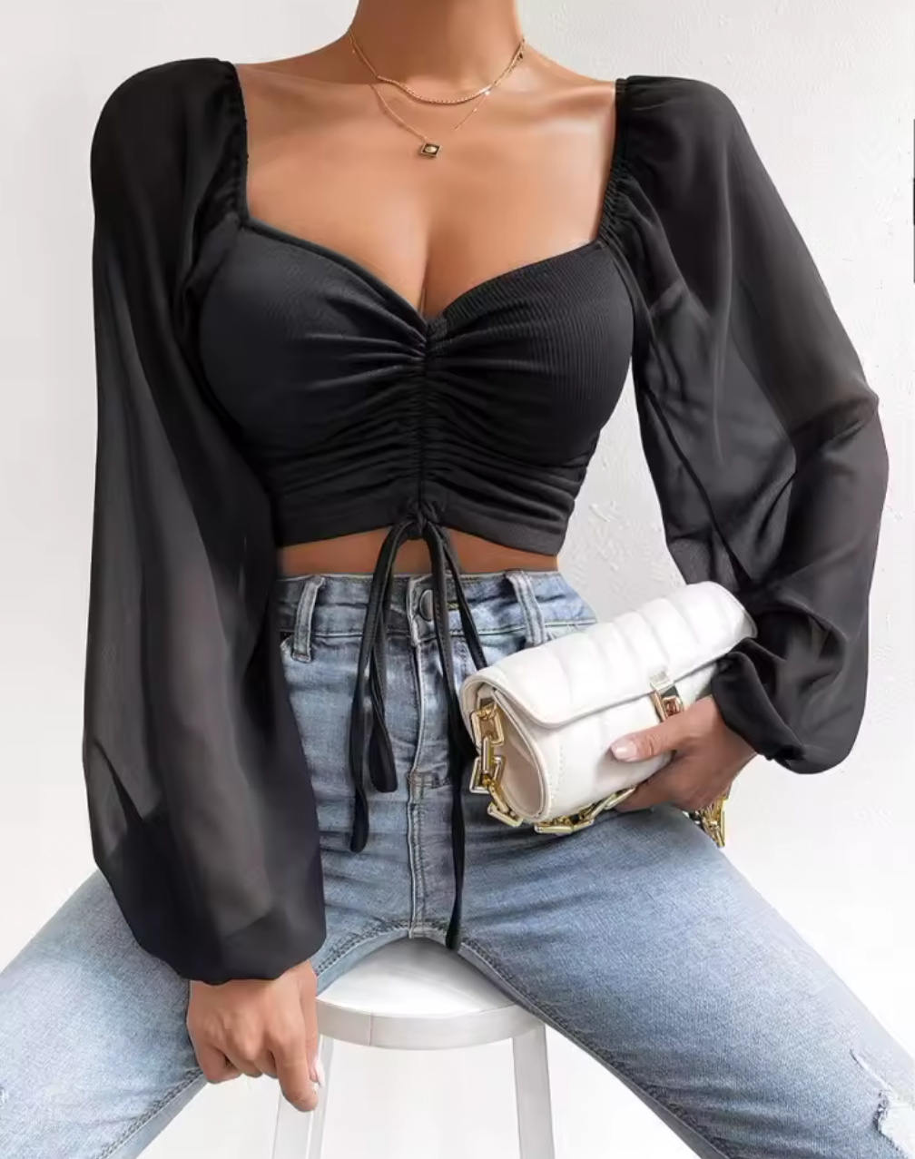 Chiffonärmad Croppad Snörtop – Elegant V-ringad Blus med Rynk & Puffärm