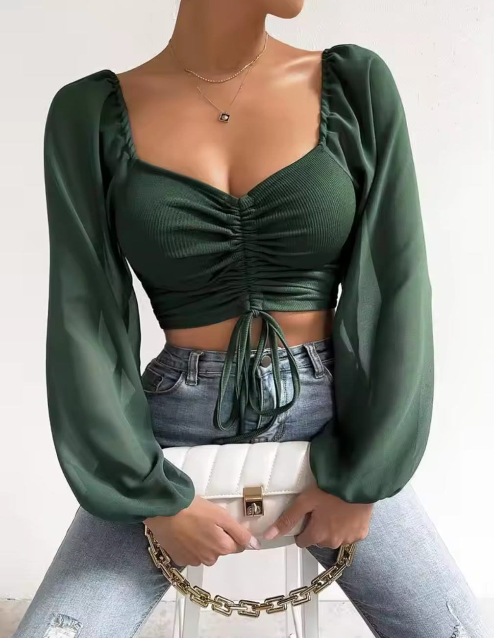 Chiffonärmad Croppad Snörtop – Elegant V-ringad Blus med Rynk & Puffärm