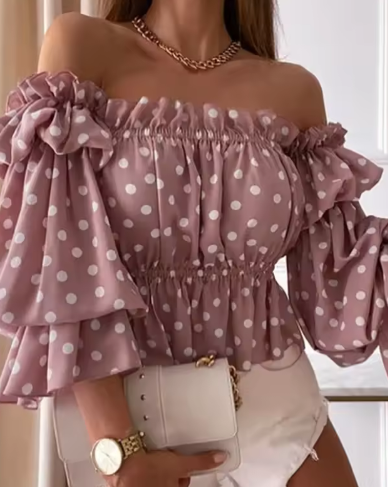 Bella Breeze – Off-Shoulder Volangblus med Resårmidja