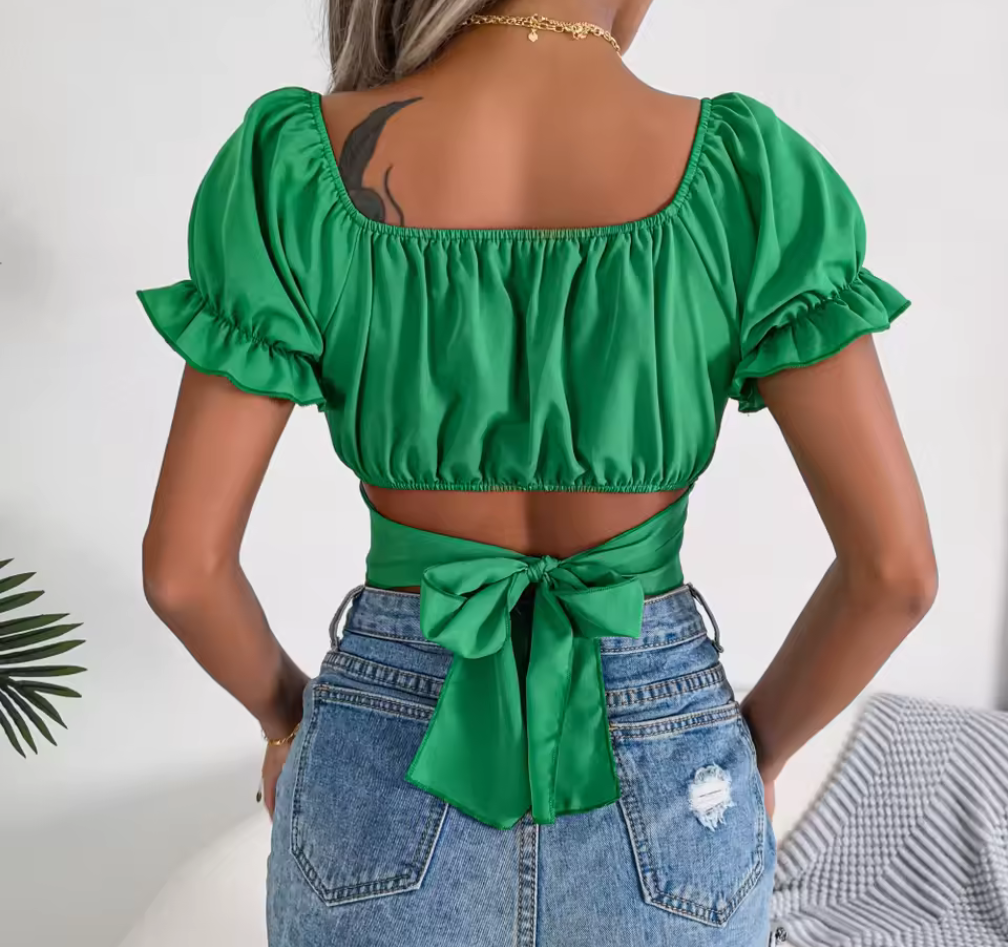 Romantisk Puffärm Crop Top med Knytband