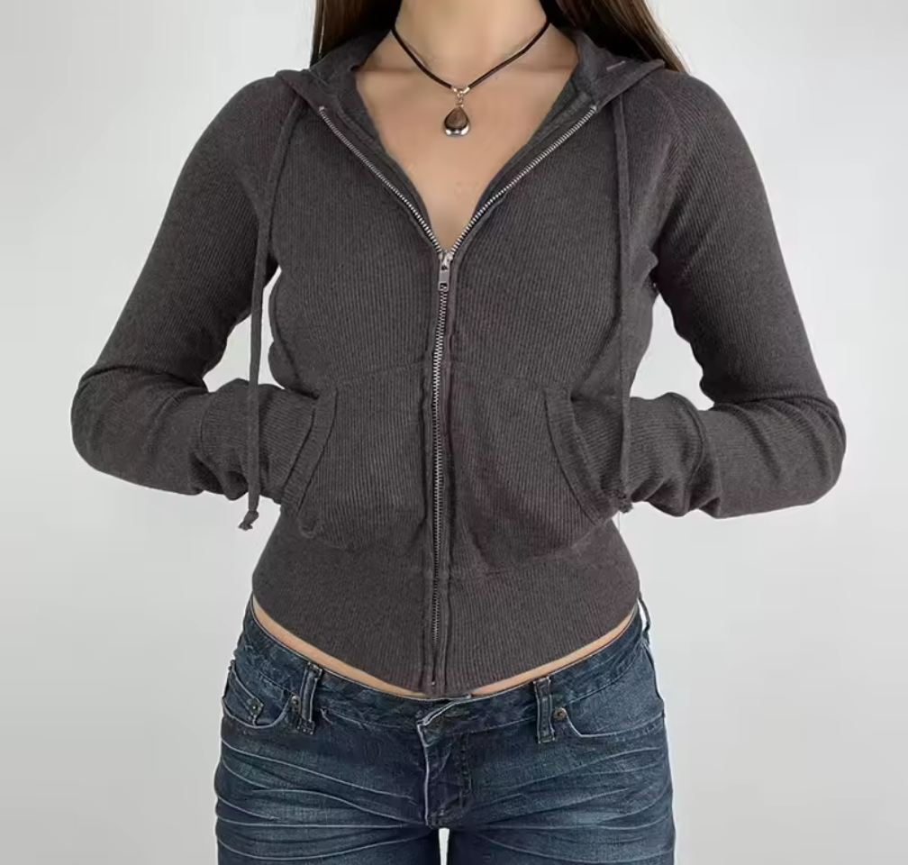 Croppad ziphoodie med huva – trendig ribbstickad stil