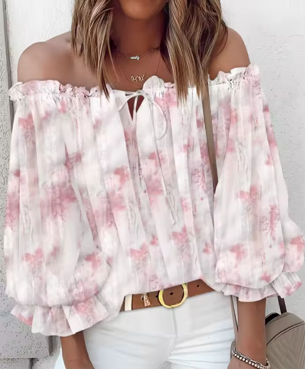 Off-Shoulder Blus med rosa batik & puffärm