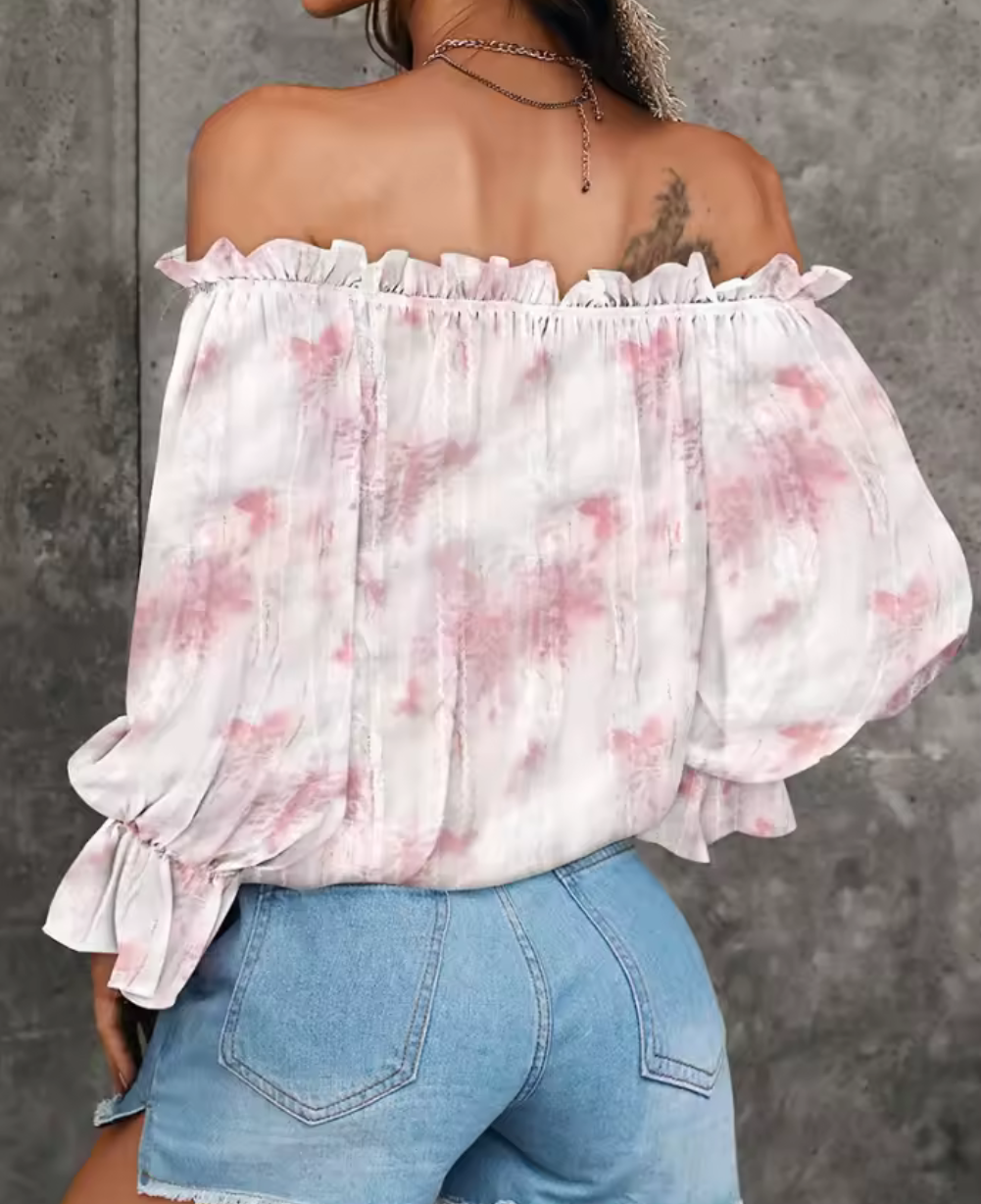 Off-Shoulder Blus med rosa batik & puffärm