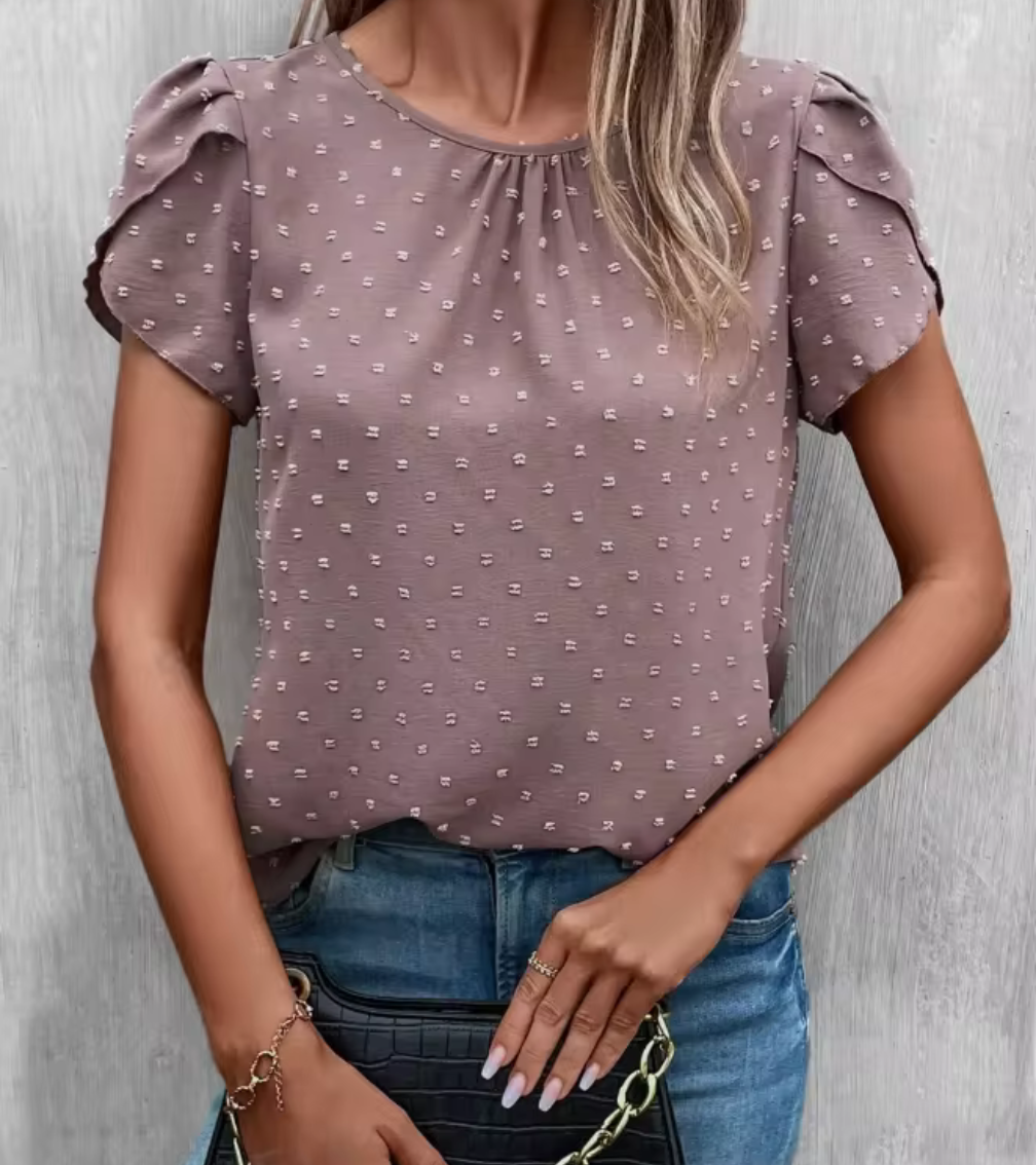 Romantisk blus med puffärm och strukturprickar – lila/brun