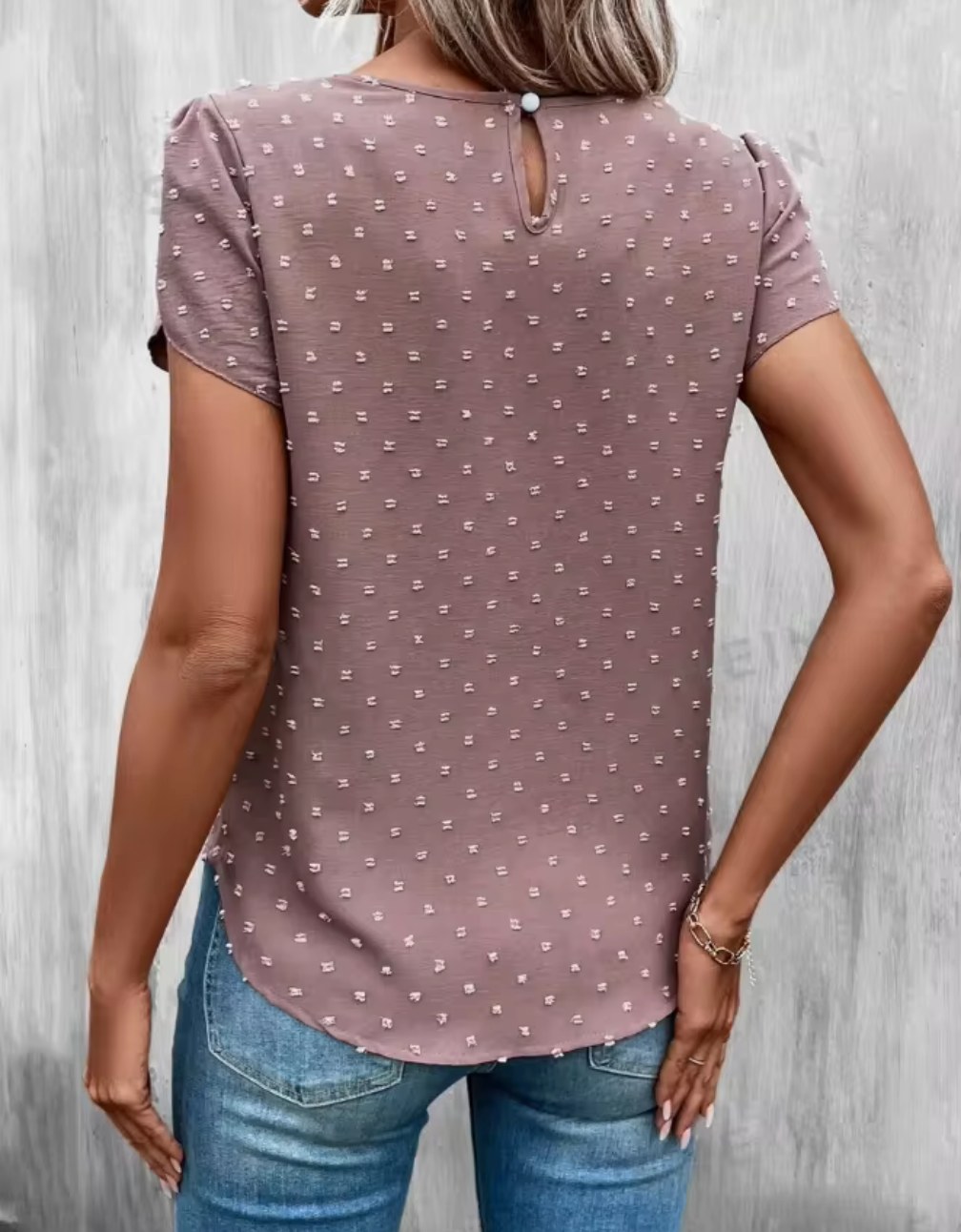 Romantisk blus med puffärm och strukturprickar – lila/brun