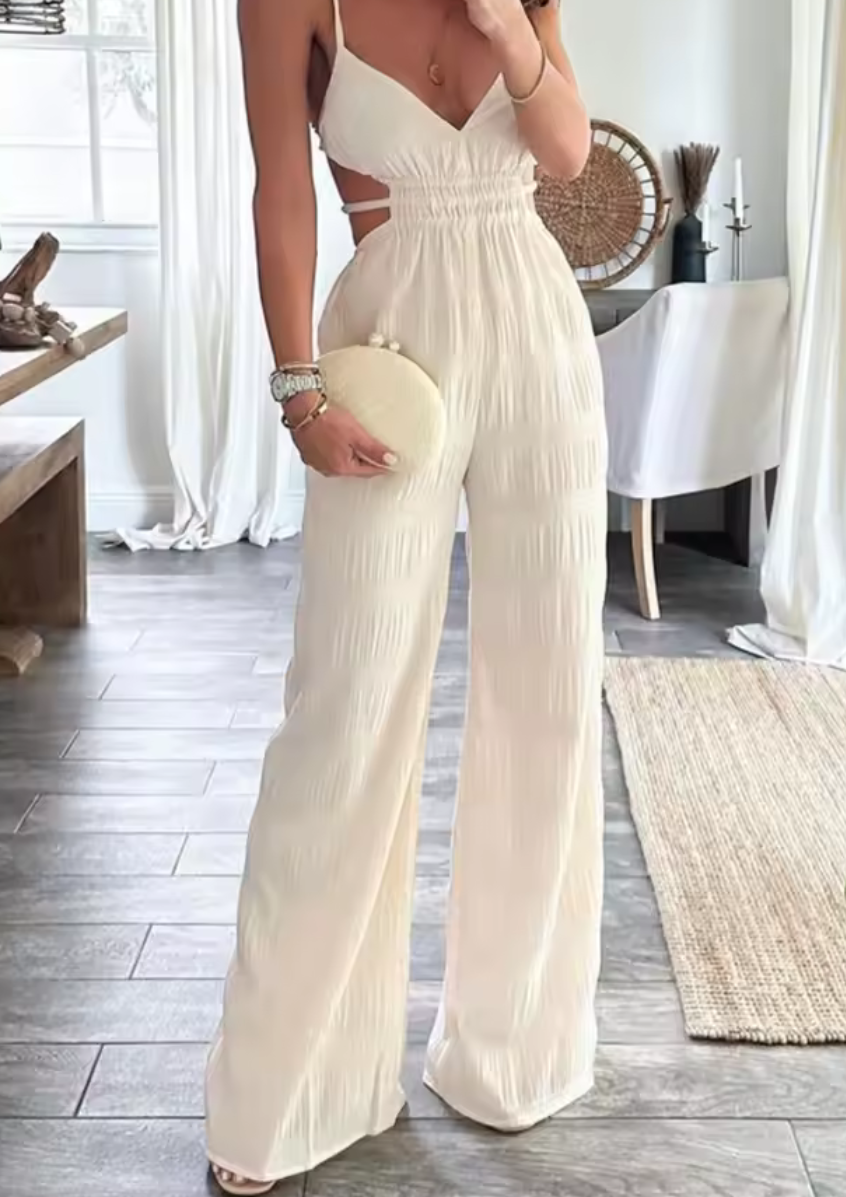 Plisserad Cut-Out Jumpsuit med Spagettiband – Beige & Blå