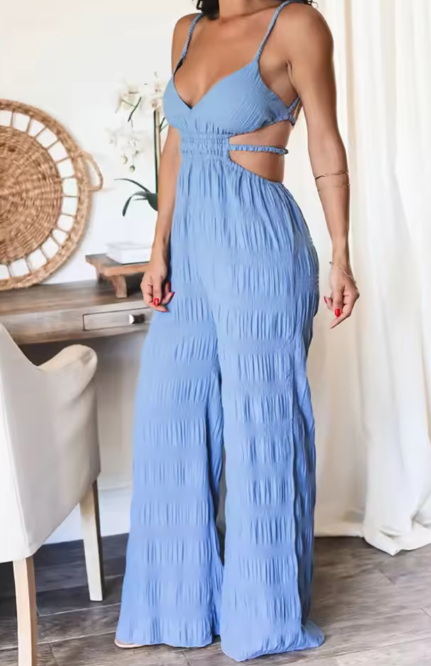 Plisserad Cut-Out Jumpsuit med Spagettiband – Beige & Blå