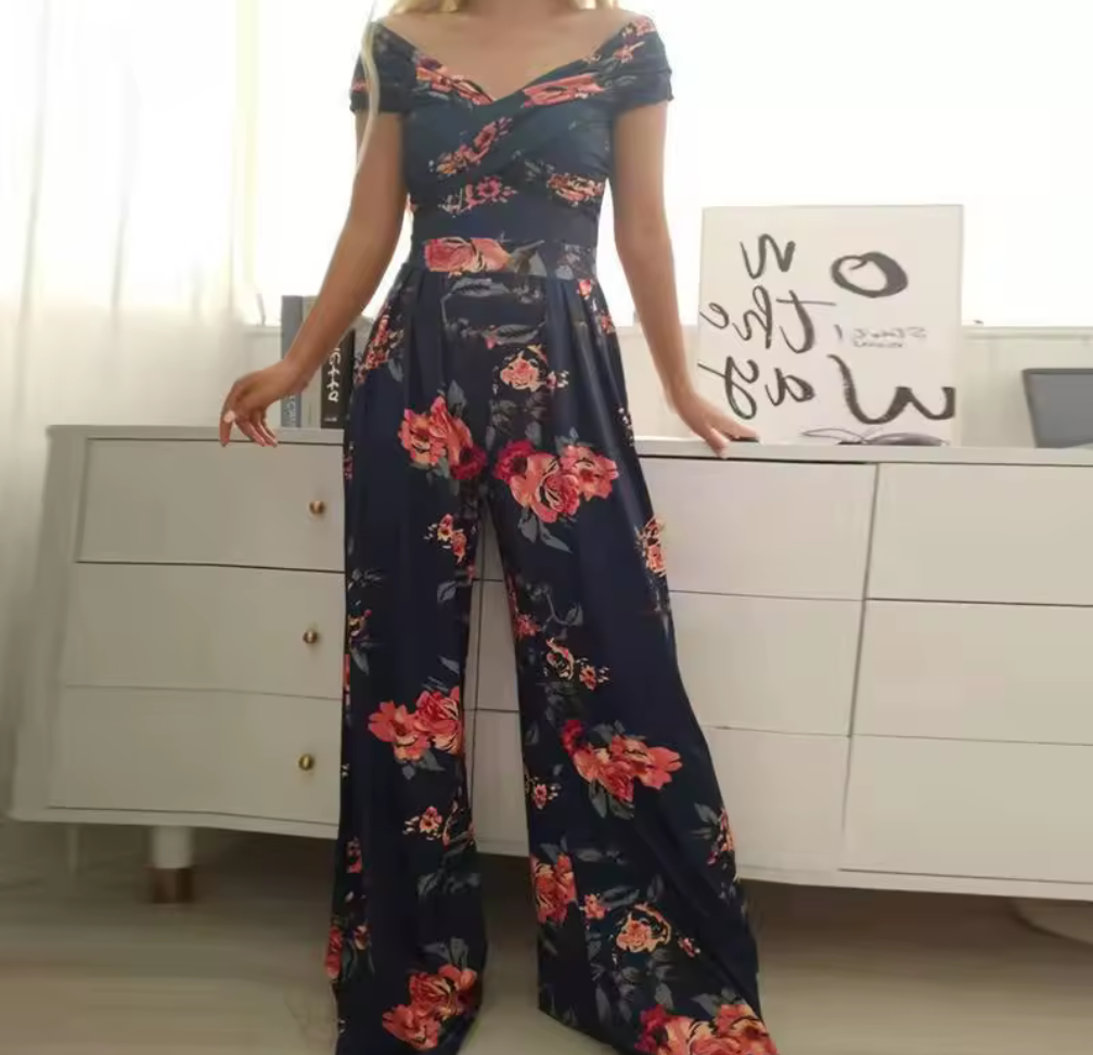 Blommig Off-Shoulder Jumpsuit med Vida Ben – Sommarens Drömplagg