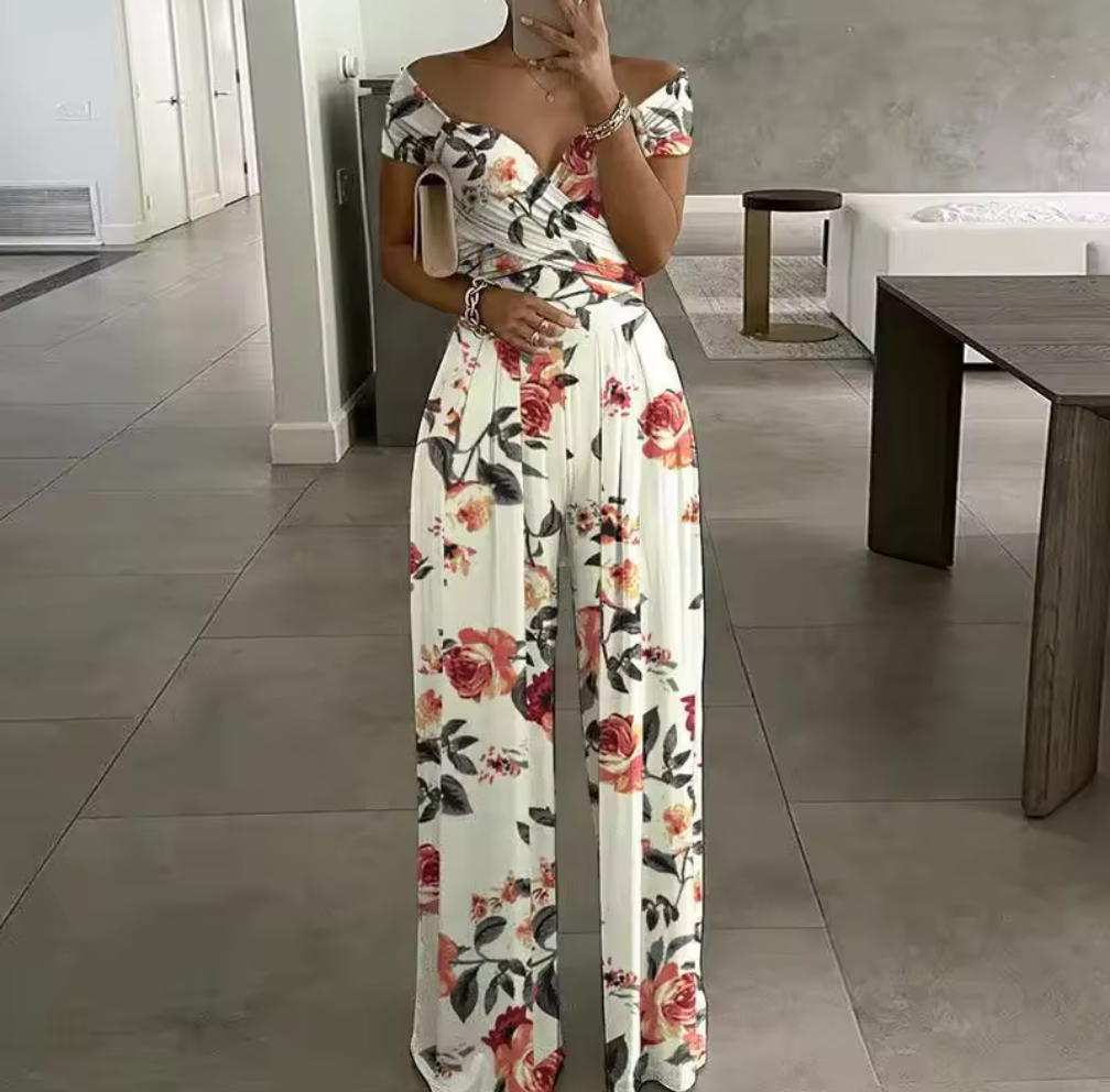 Off-Shoulder Jumpsuit med Vida Ben – Blommig & Randig Elegans