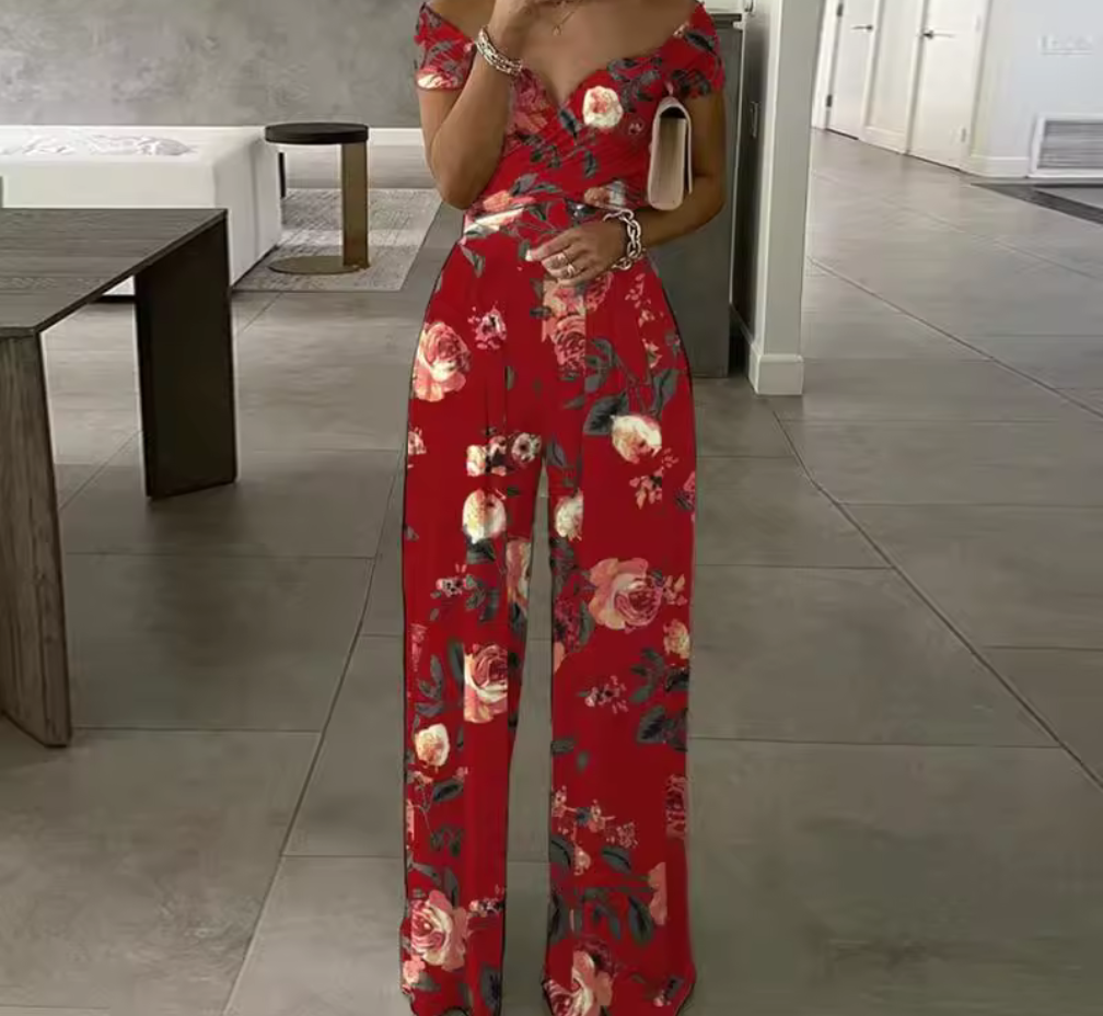 Off-Shoulder Jumpsuit med Vida Ben – Blommig & Randig Elegans
