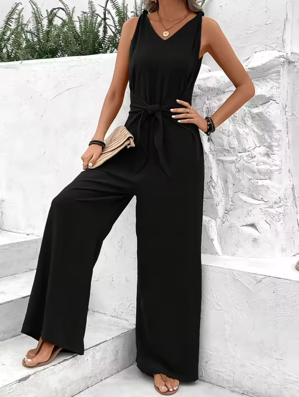 Elegant ärmlös jumpsuit med knytband – Svart