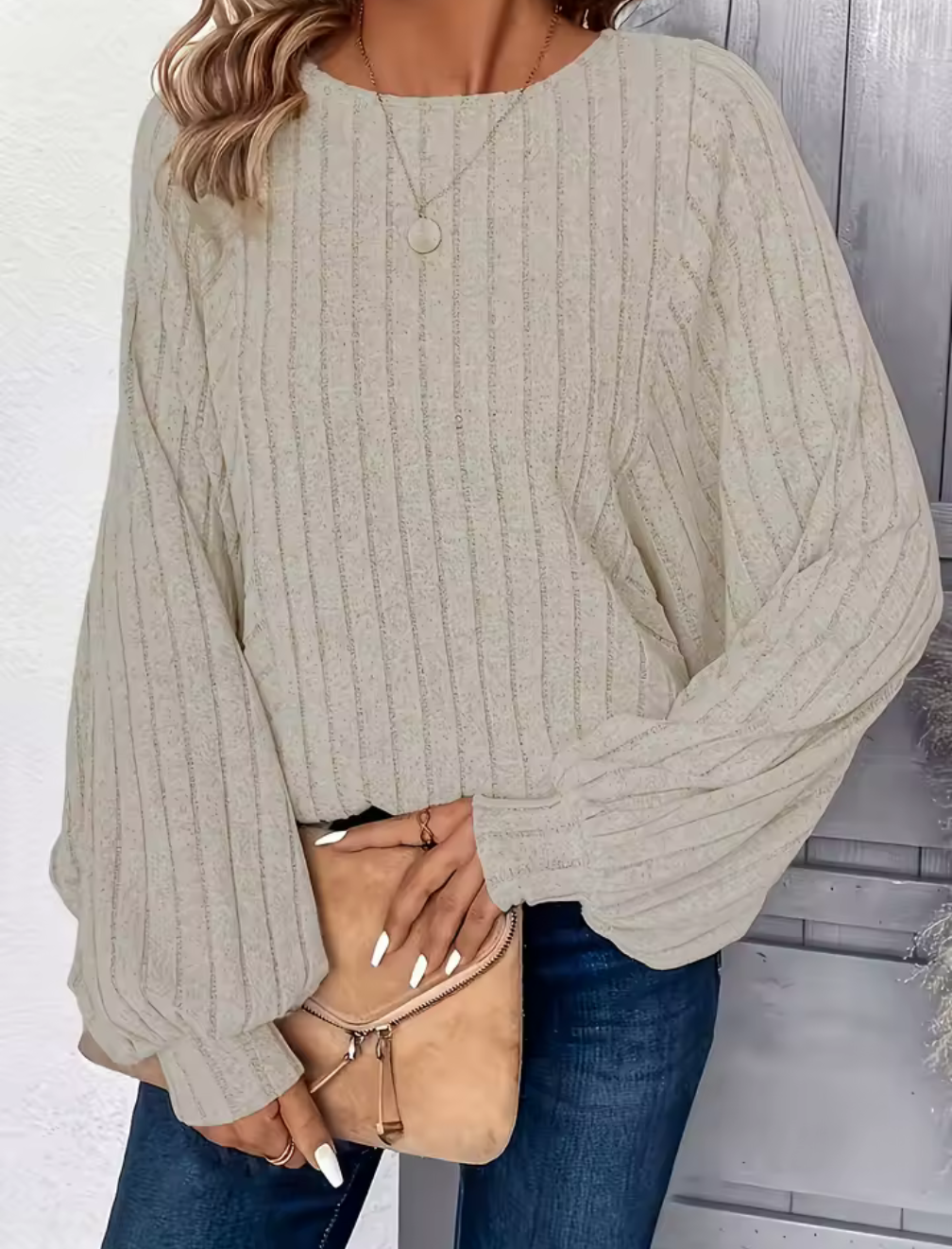 Ribbade oversize-tröjan med puffärm – Beige