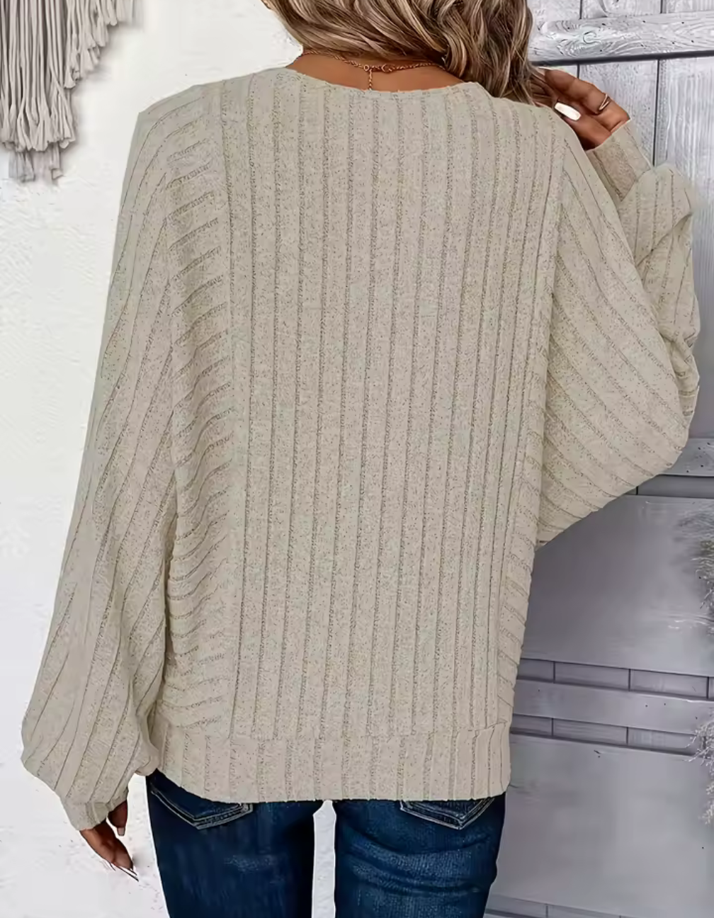 Ribbade oversize-tröjan med puffärm – Beige