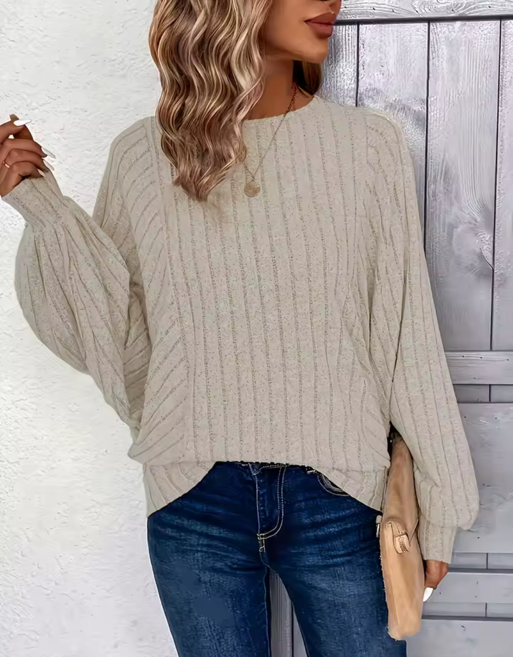Ribbade oversize-tröjan med puffärm – Beige