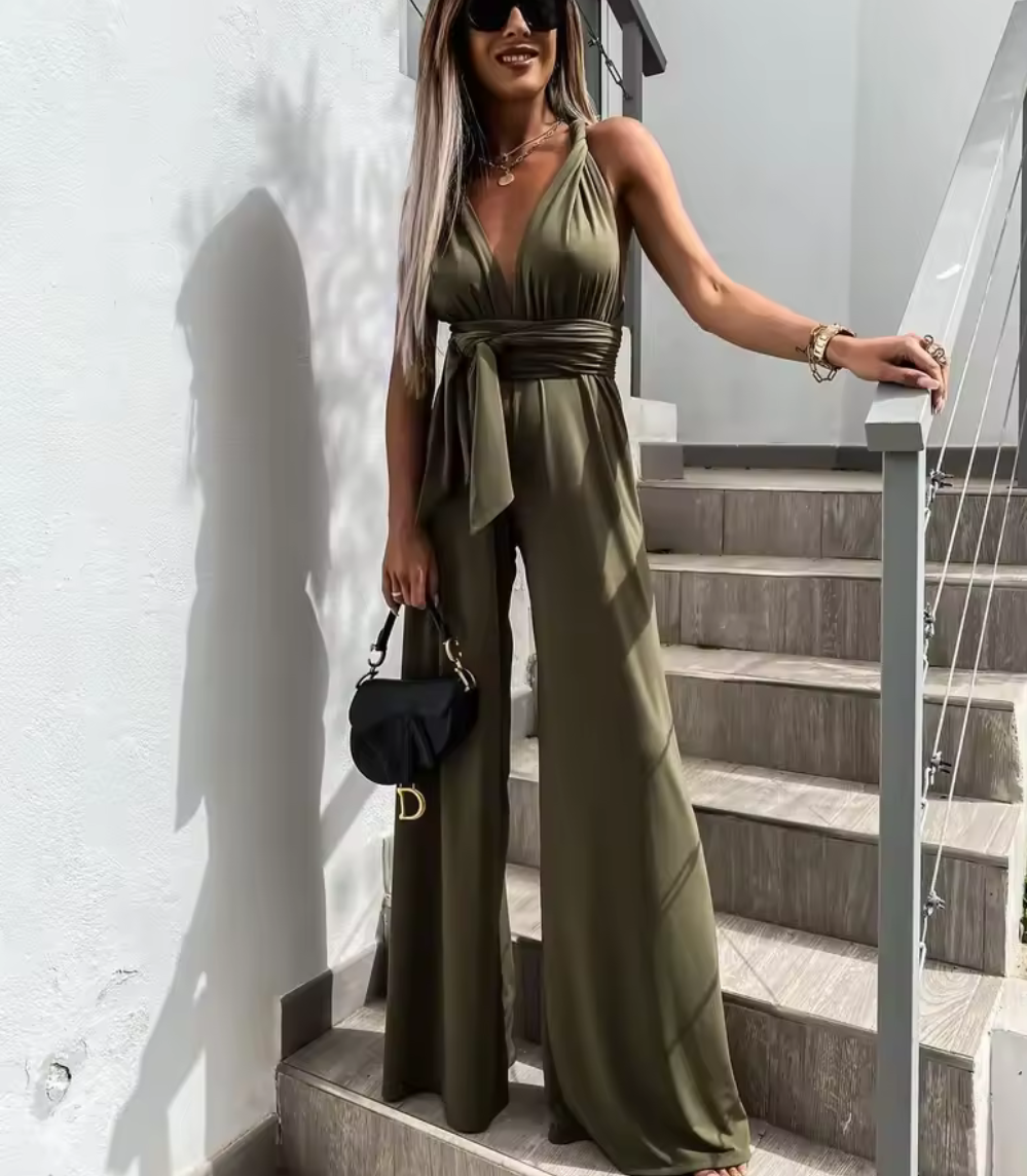 Elegant omlott-jumpsuit med knytband & bar rygg