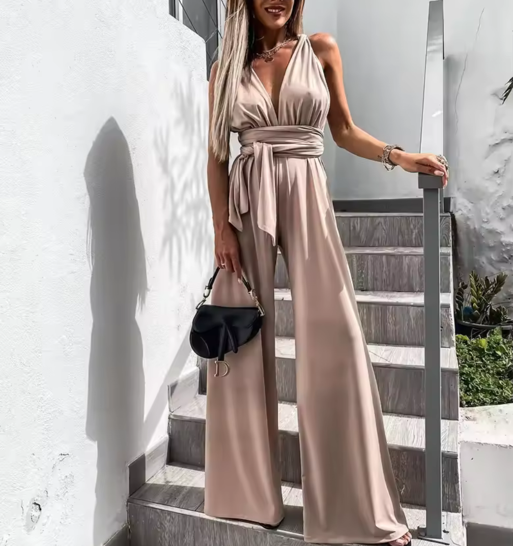 Elegant omlott-jumpsuit med knytband & bar rygg