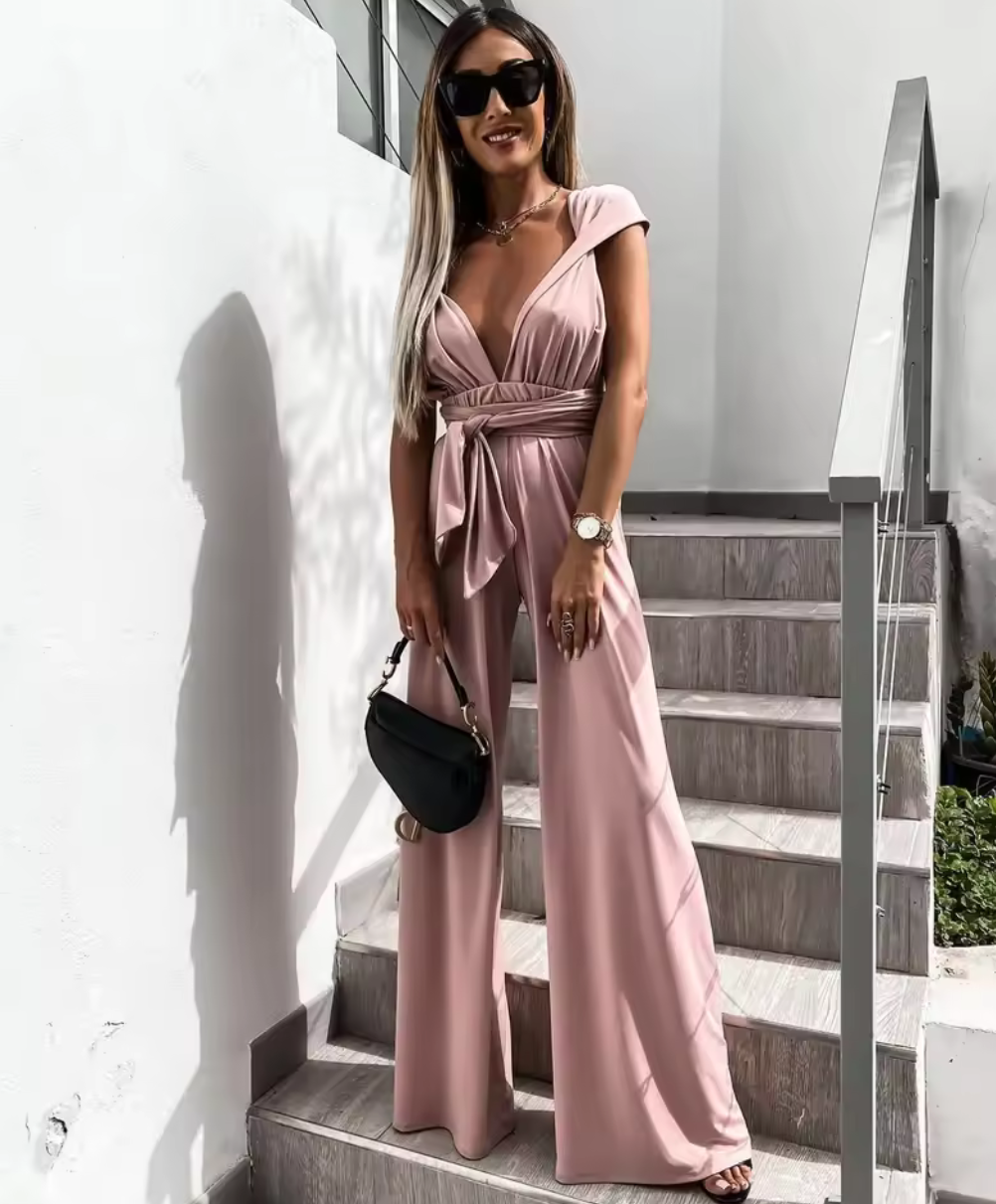 Elegant omlott-jumpsuit med knytband & bar rygg