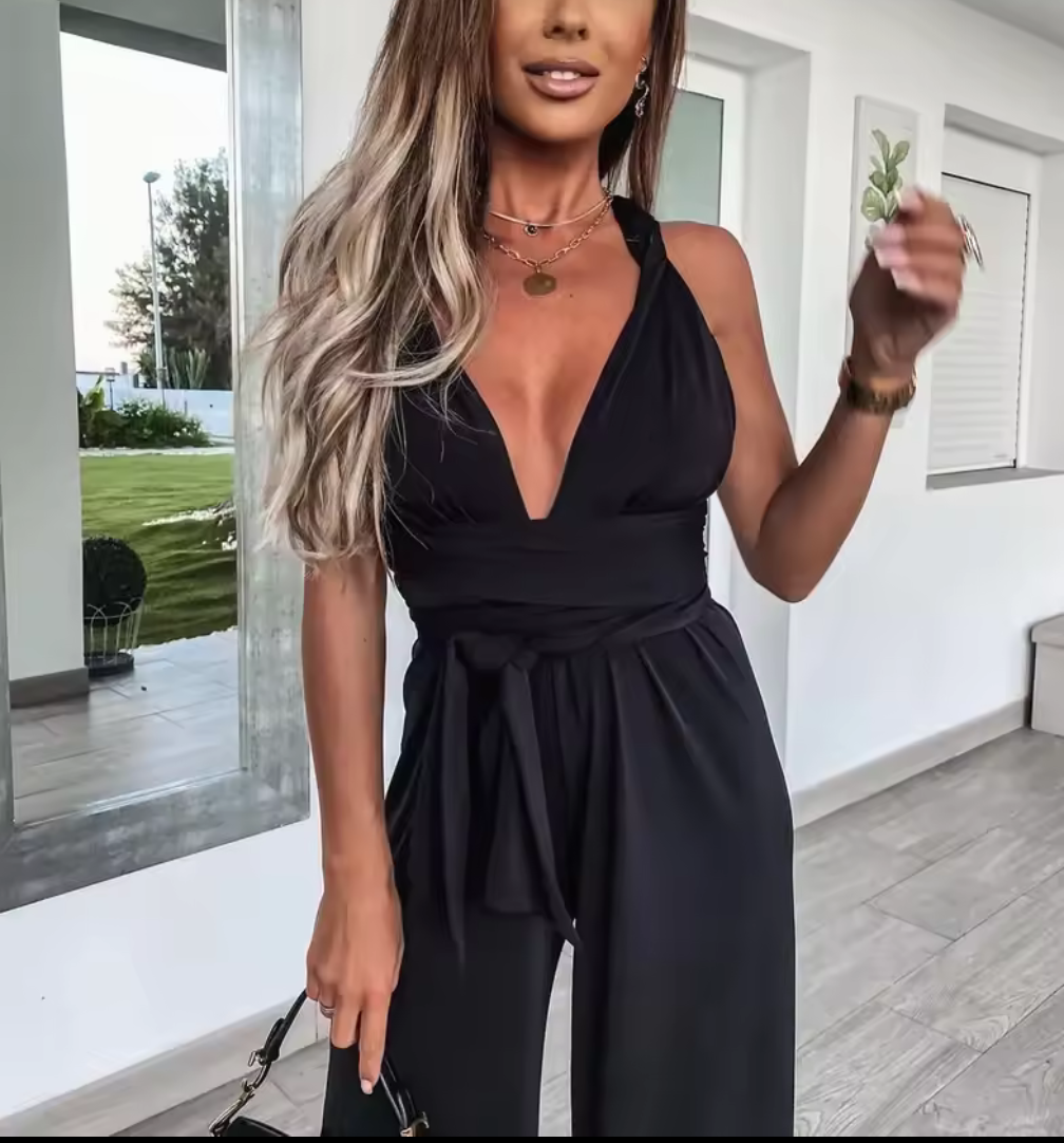 Elegant omlott-jumpsuit med knytband & bar rygg