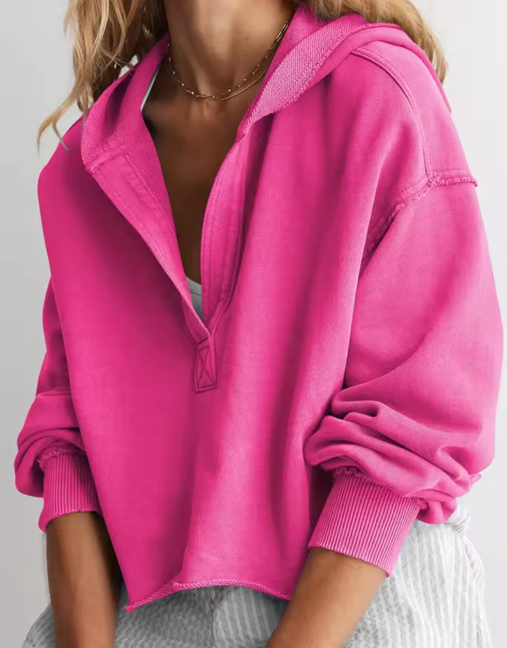 Cropped hoodie med halv dragkedja – Fuchsia, Svart, Grå, Beige