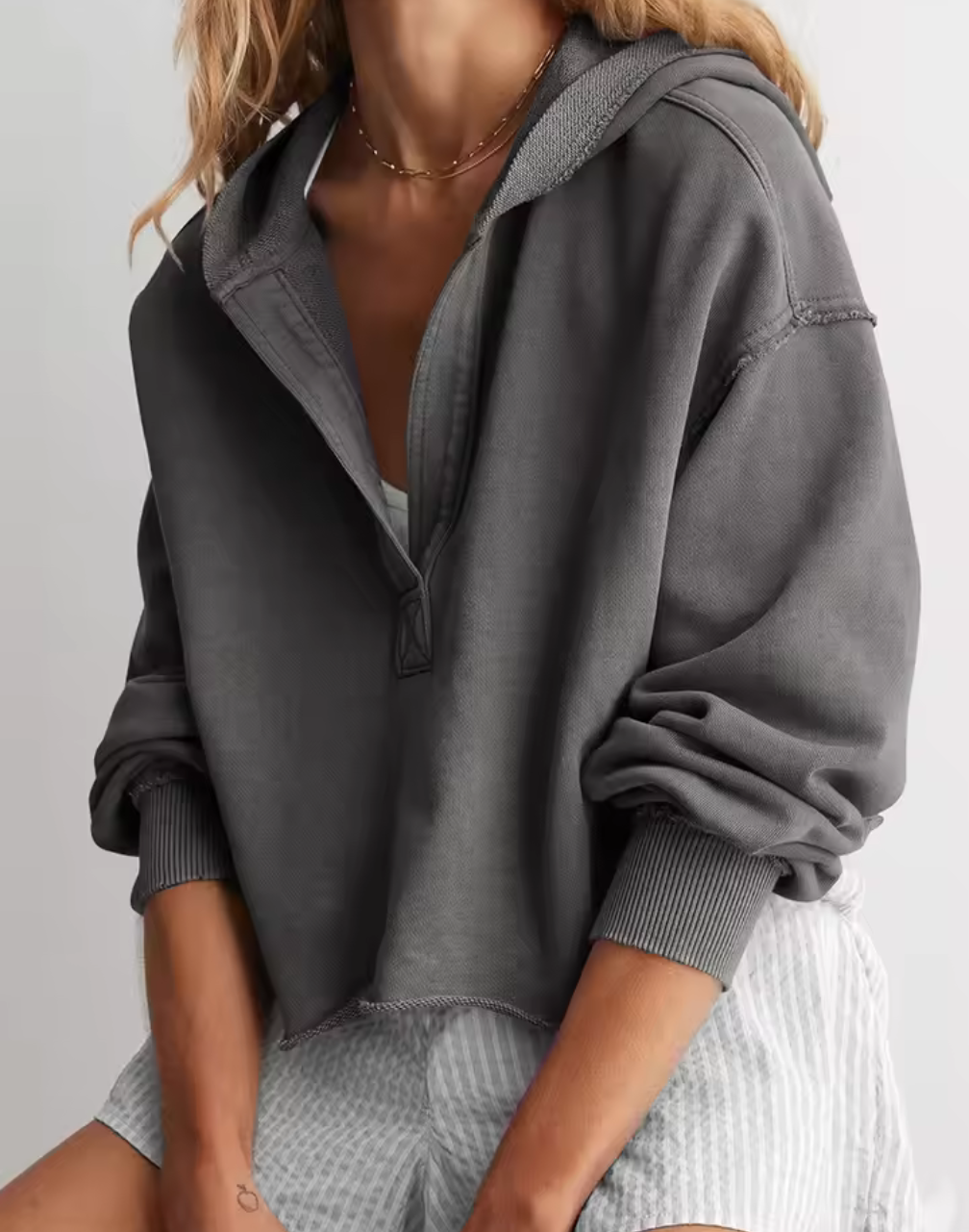 Cropped hoodie med halv dragkedja – Fuchsia, Svart, Grå, Beige