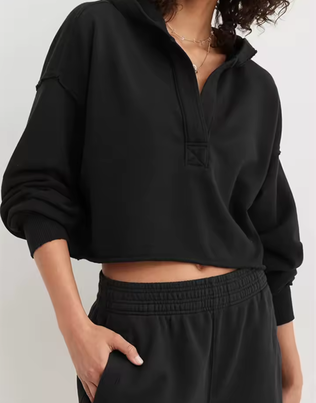 Cropped hoodie med halv dragkedja – Fuchsia, Svart, Grå, Beige
