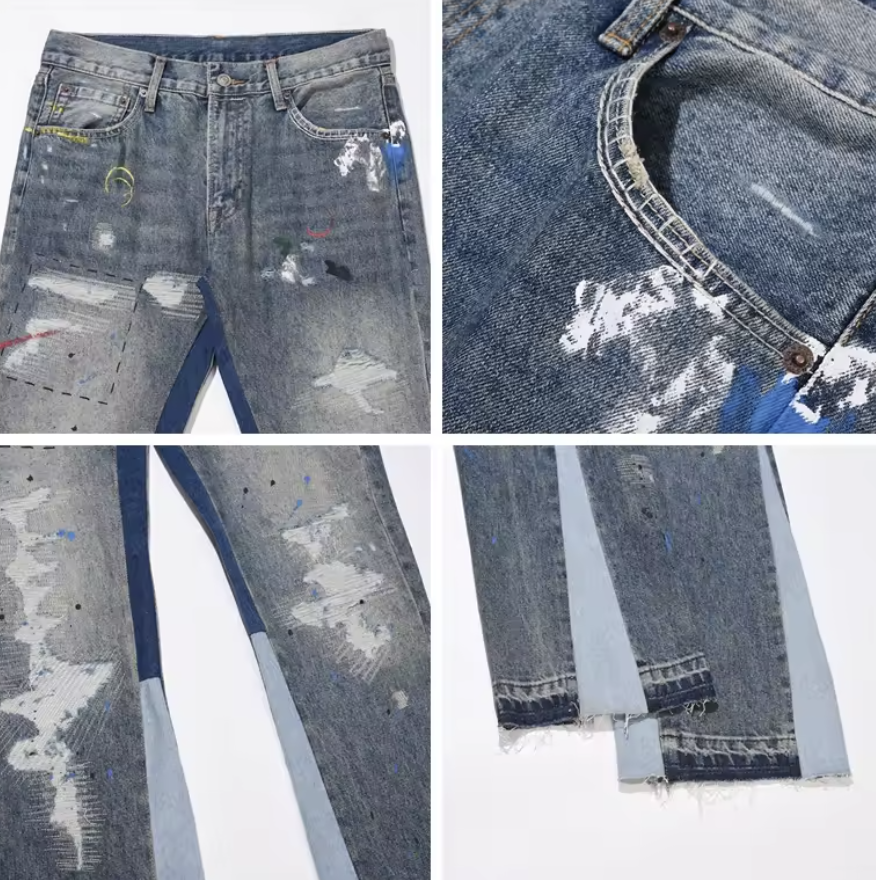 Graffiti Distress™ Jeans – Streetwear Denim med Färg & Patchwork