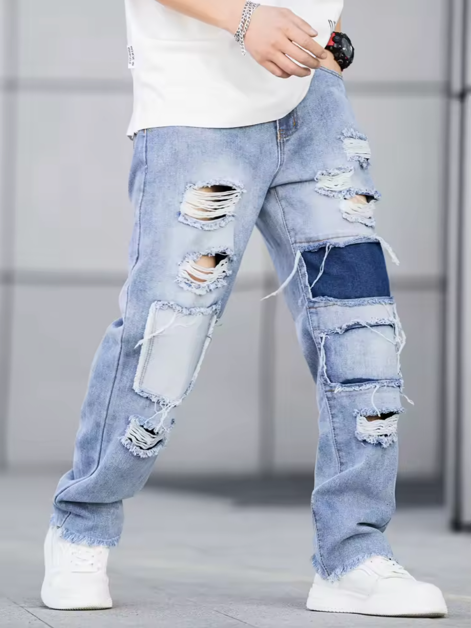 Patchwork Ripped Jeans – Streetwear med Karaktär