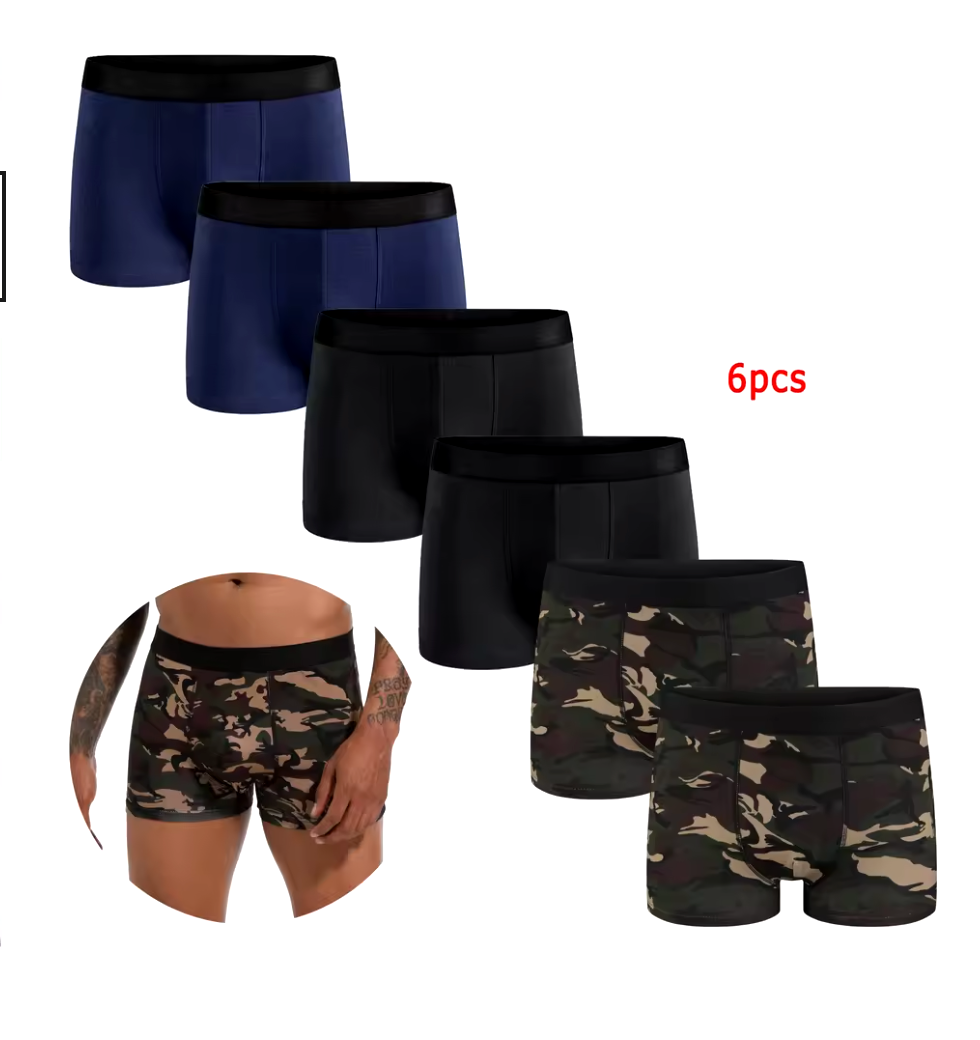 6-pack boxerkalsonger – camo, svart & blått | Komfort & stil i ett