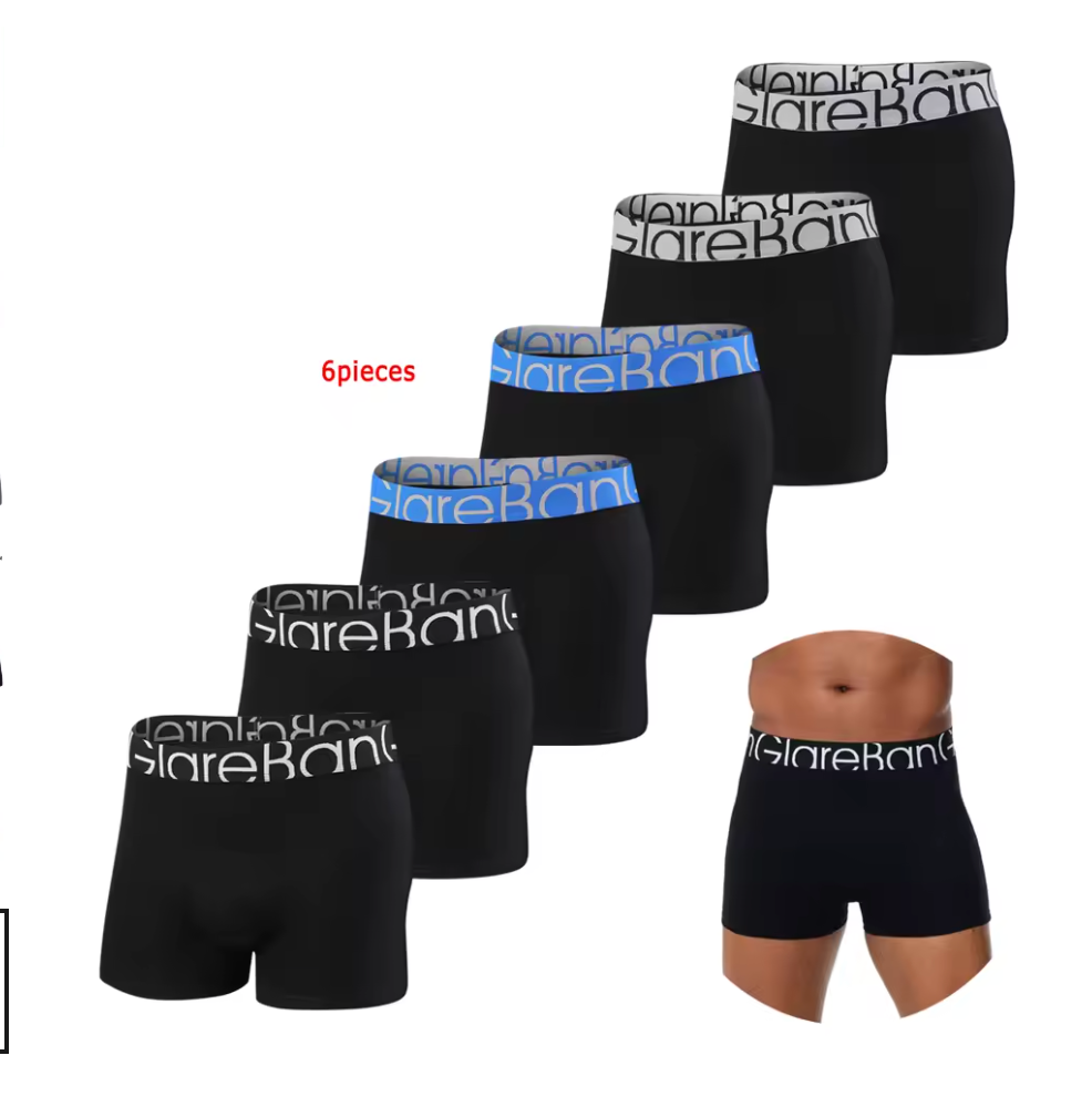6-pack svarta boxerkalsonger med vit och blå midjeresår – GlareBan i ny tappning