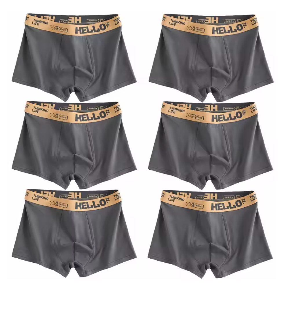 6-pack grå boxerkalsonger med “HELLO”-resår – stilrena, bekväma och funktionella