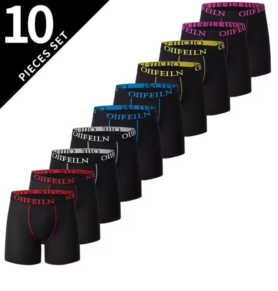 10-pack svarta boxerkalsonger med färgglad midjeresår – maximal stil & komfort varje dag