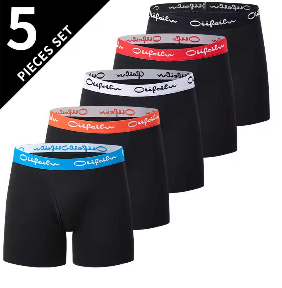 5-pack svarta boxerkalsonger med färgad resår – stilren komfort i vardagen