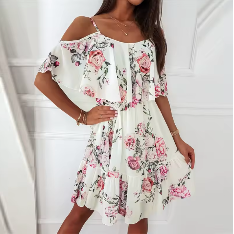 Axelbandsklänning med volang och blommönster – Rosa & Vit