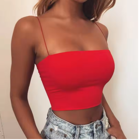 Minimalistisk ribbad croppad topp med smala axelband – röd, beige & grå