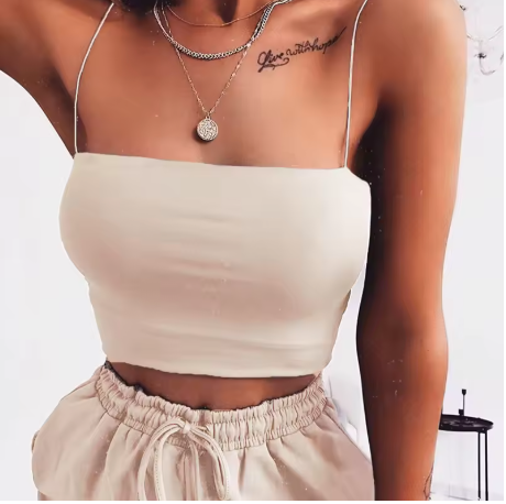 Minimalistisk ribbad croppad topp med smala axelband – röd, beige & grå