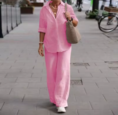 Tvådelat set med skjorta & vida byxor – rosa, vitt, grönt & marinblått