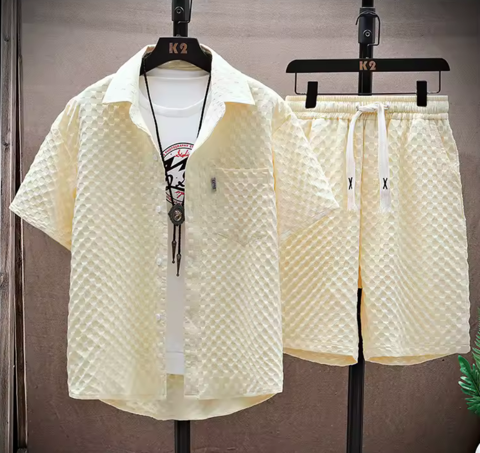 Tvådelat herrset med struktur – kortärmad skjorta & shorts
