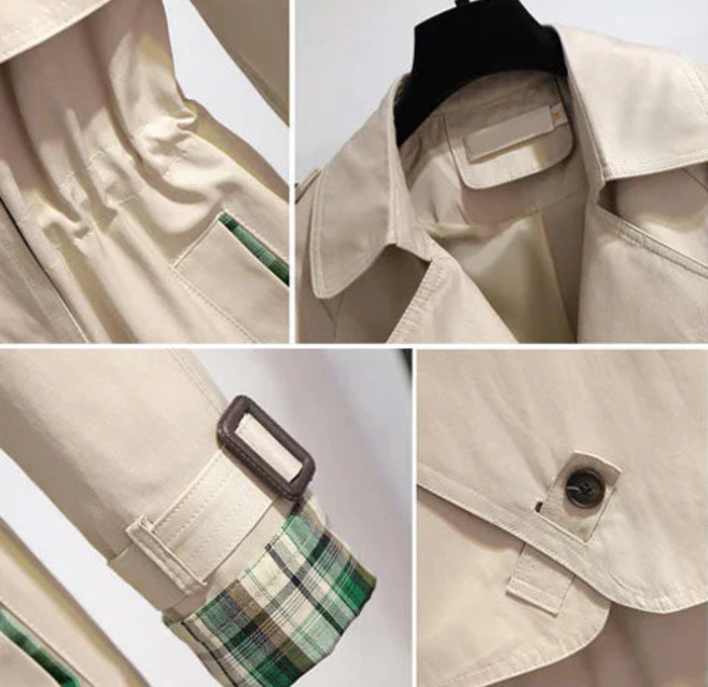 Elegant trenchcoat med markerad midja och rutiga detaljer