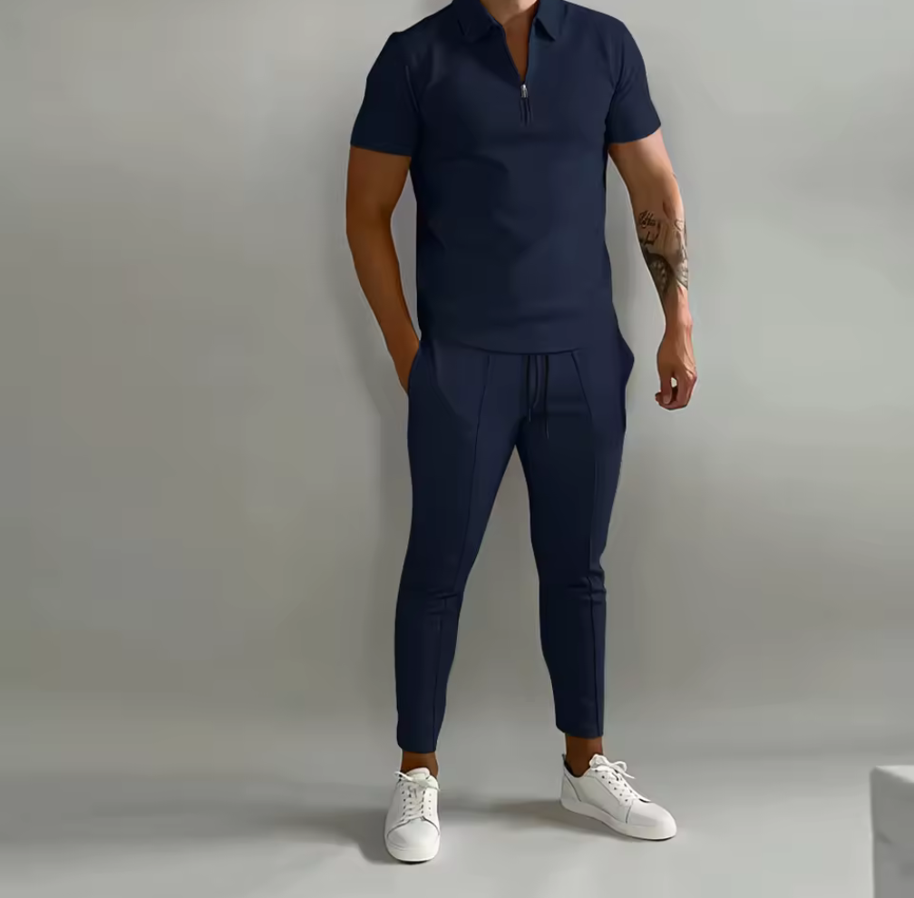 Modern stil möter komfort – tvådelat pikéset för herr
