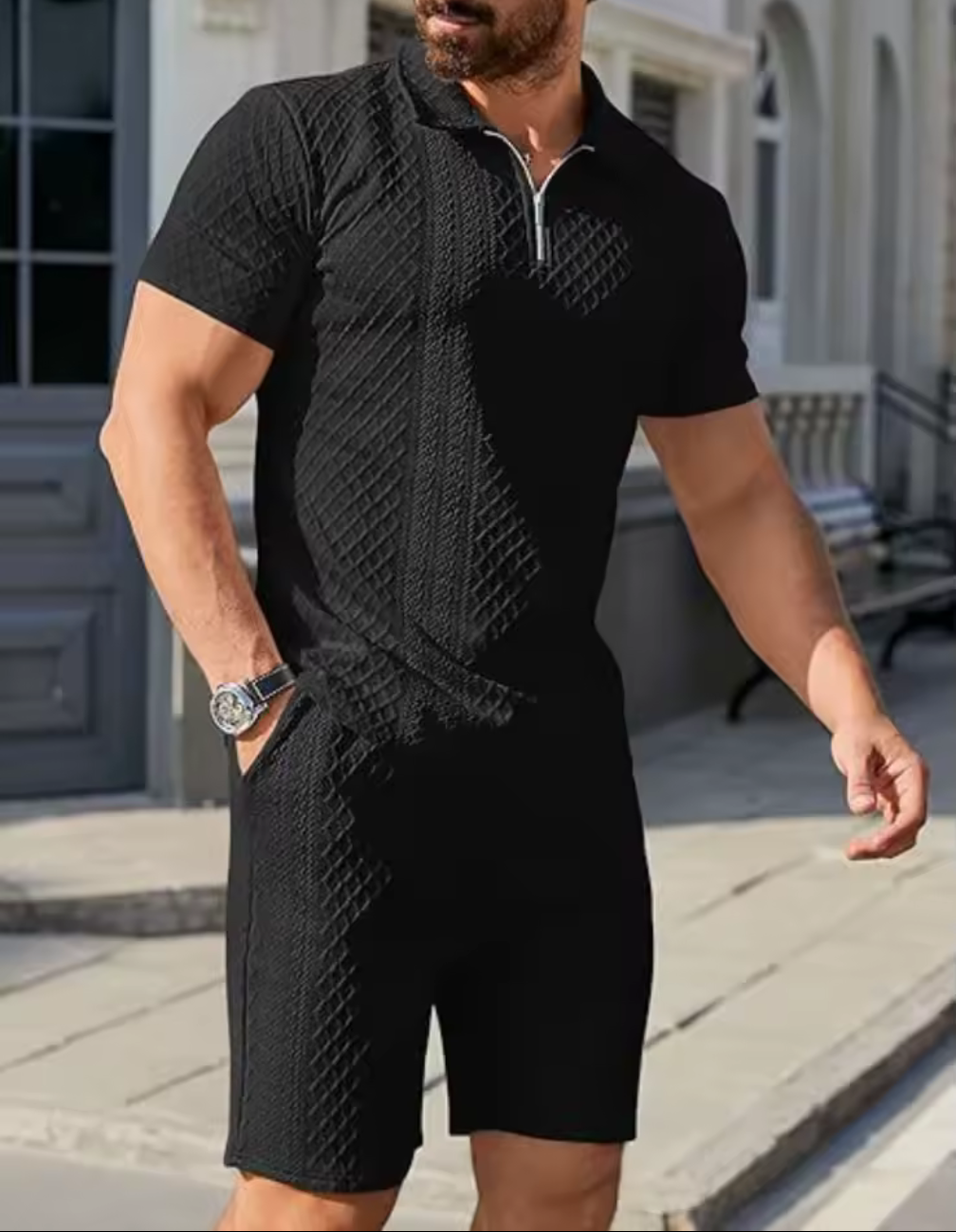 Tvådelad herroutfit i texturstickad pikéstil – kortärmad topp & shorts