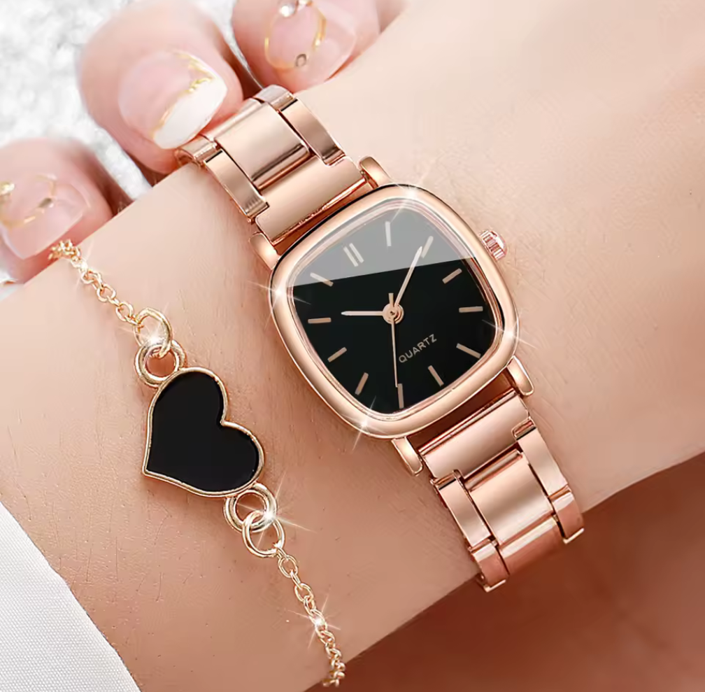 Elegant set med damklocka & hjärtarmband – Roséguld & svart