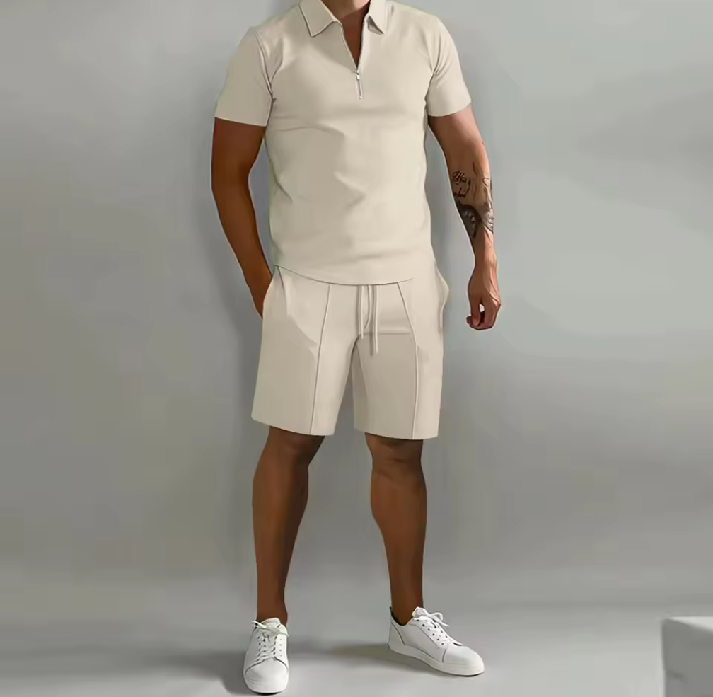 Tvådelat pikéset herr – kortärmad zip-pikétröja & shorts