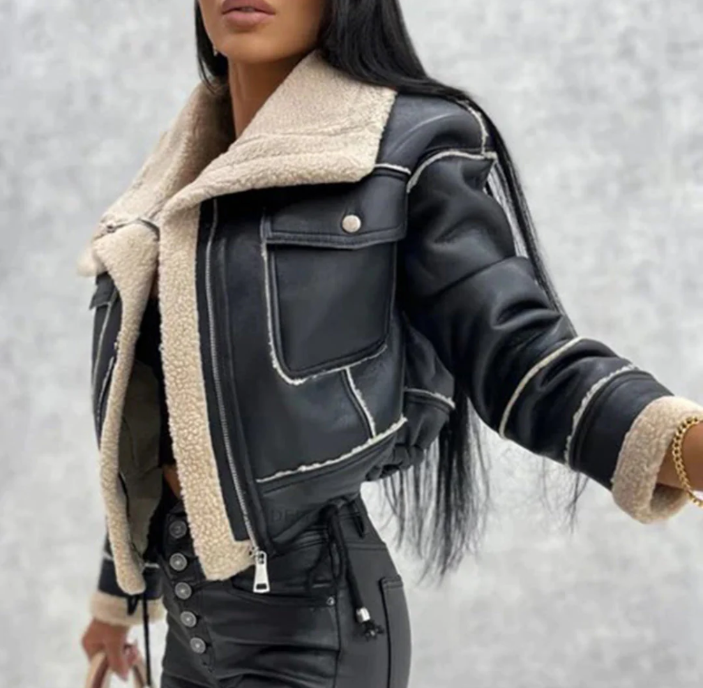 Croppad pilotjacka med foder – Svart & Beige